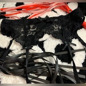 Cabernet Black Lace Garter Belt with Satin Bows- NWOT